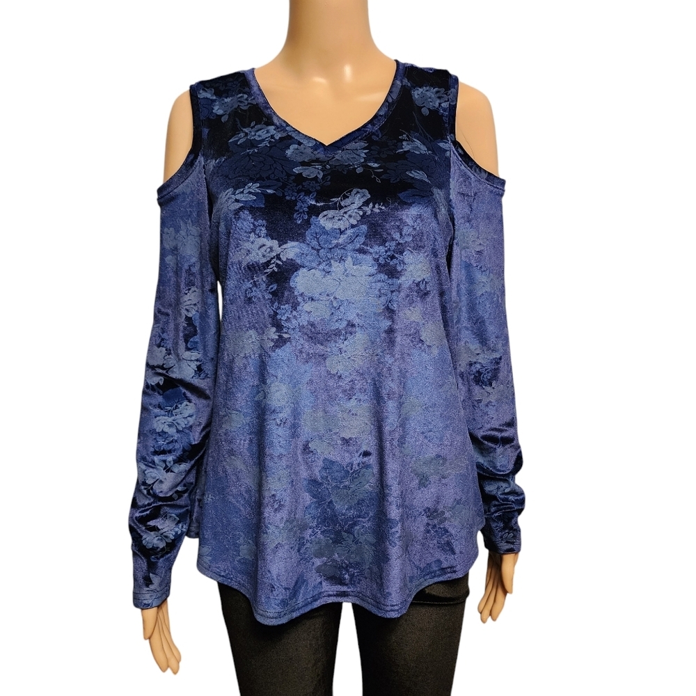DG2 By Diane Gilman Blue Floral Velvet Loose Fit Cold Shoulder V-neck Top